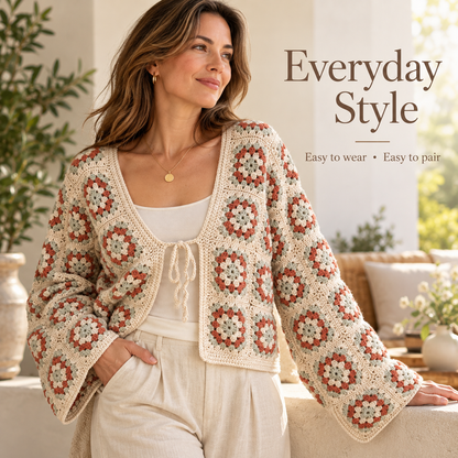 Granny Square Cardigan Crochet Pattern PDF | Floral Tie-Front Women’s Cardigan | Made-to-Measure Crochet Jacket | Digital Download
