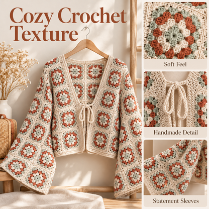 Granny Square Cardigan Crochet Pattern PDF | Floral Tie-Front Women’s Cardigan | Made-to-Measure Crochet Jacket | Digital Download