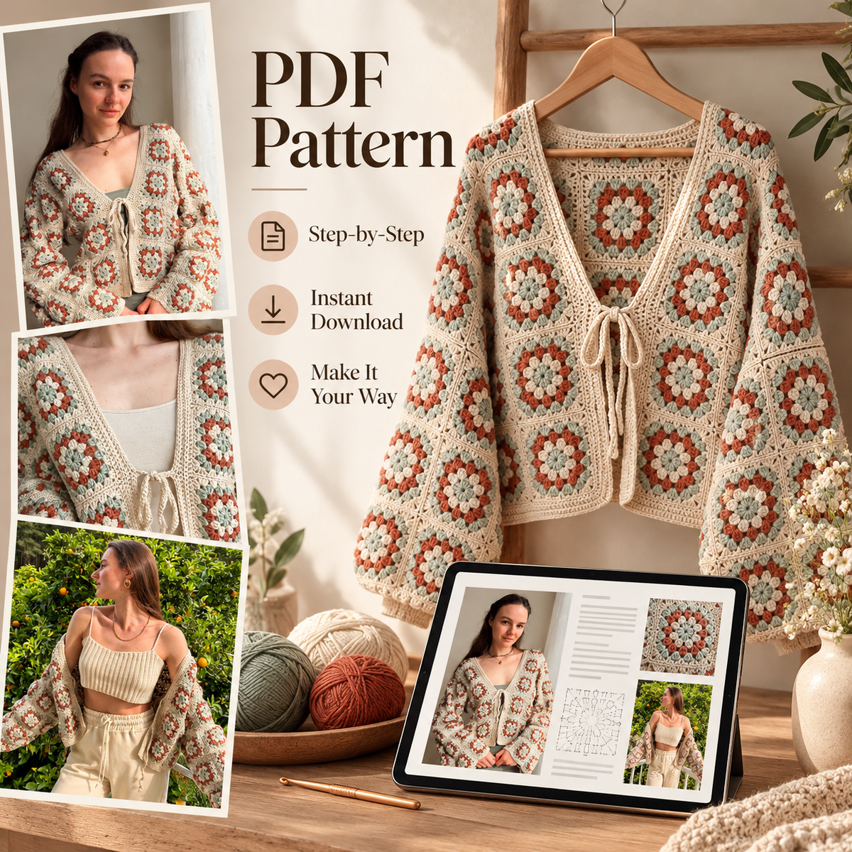 Granny Square Cardigan Crochet Pattern PDF | Floral Tie-Front Women’s Cardigan | Made-to-Measure Crochet Jacket | Digital Download