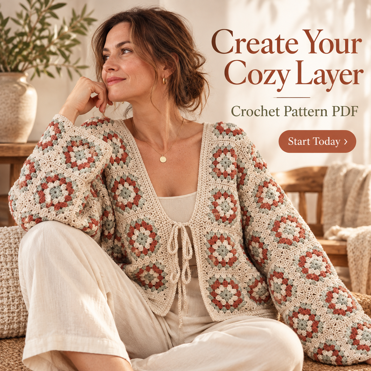 Granny Square Cardigan Crochet Pattern PDF | Floral Tie-Front Women’s Cardigan | Made-to-Measure Crochet Jacket | Digital Download