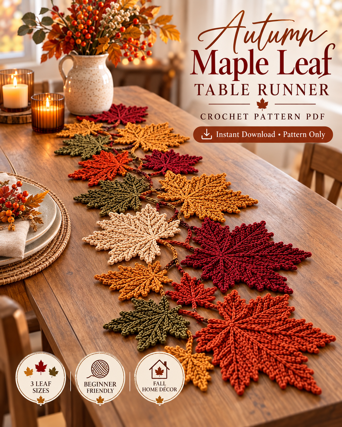 Autumn Maple Leaf Table Runner Crochet Pattern PDF | 3 Leaf Sizes | Fall Thanksgiving Table Decor | Beginner Friendly Digital Download