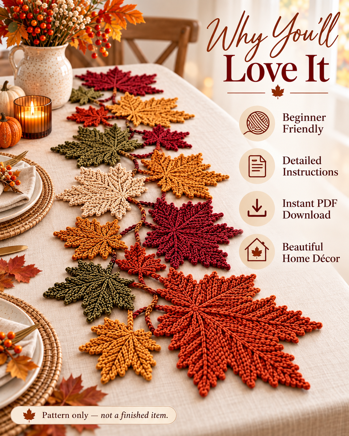 Autumn Maple Leaf Table Runner Crochet Pattern PDF | 3 Leaf Sizes | Fall Thanksgiving Table Decor | Beginner Friendly Digital Download