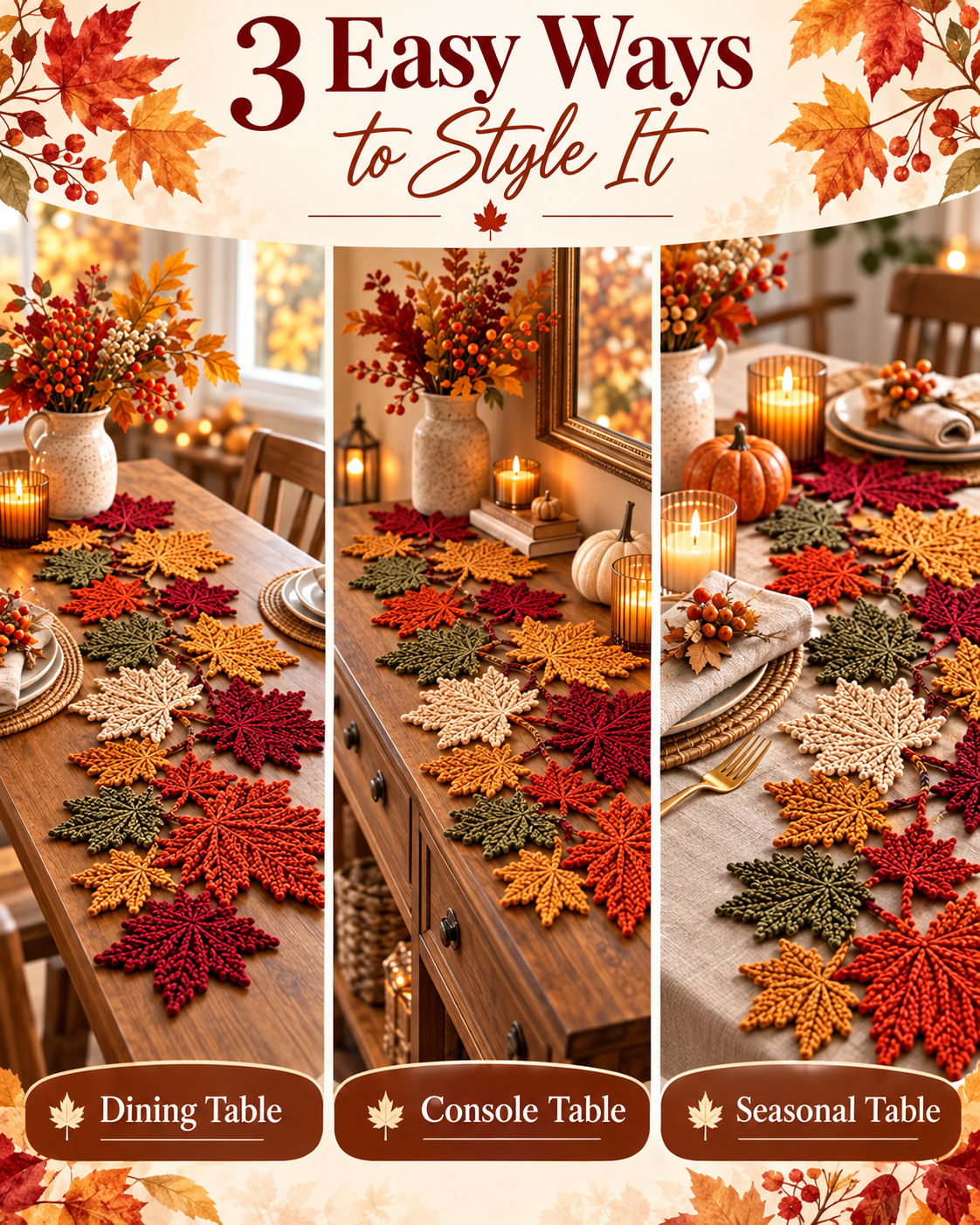 Autumn Maple Leaf Table Runner Crochet Pattern PDF | 3 Leaf Sizes | Fall Thanksgiving Table Decor | Beginner Friendly Digital Download