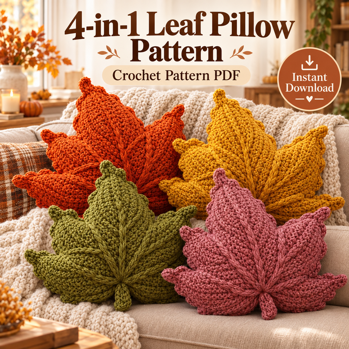 Crochet Leaf Pillow Pattern PDF | Autumn Maple Leaf Cushion | Fall Thanksgiving Home Decor | Instant Digital Download