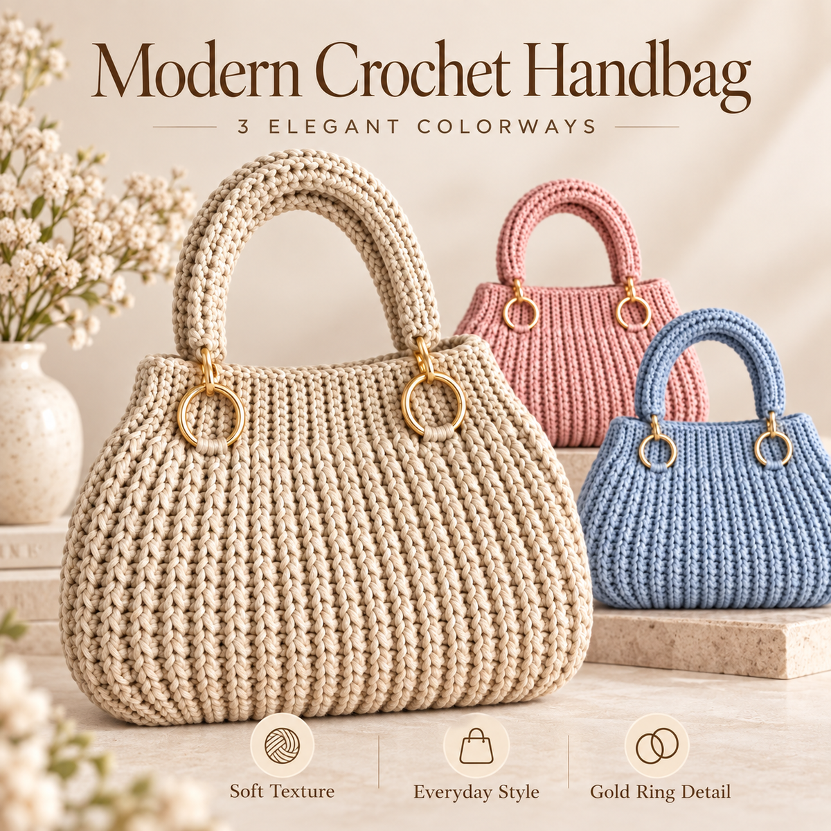 Modern Crochet Handbag Pattern PDF | Elegant Women’s Purse with Gold Ring Handles | 3 Colorways | Everyday Bag Digital Download