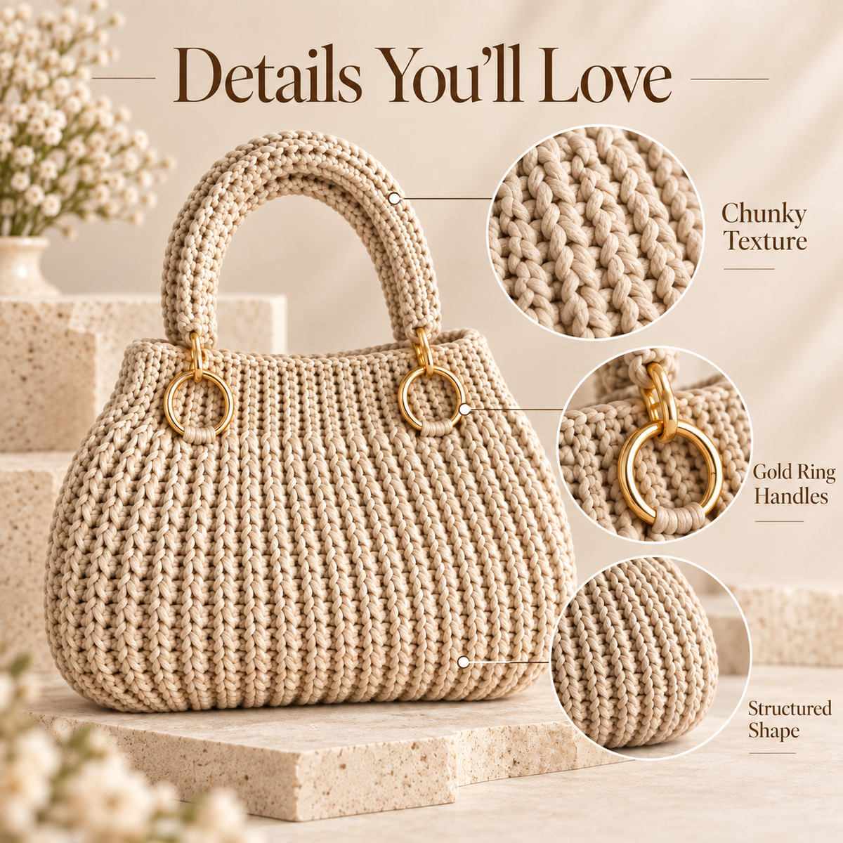 Modern Crochet Handbag Pattern PDF | Elegant Women’s Purse with Gold Ring Handles | 3 Colorways | Everyday Bag Digital Download