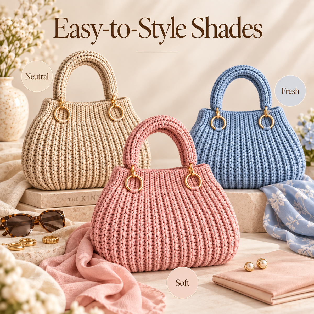 Modern Crochet Handbag Pattern PDF | Elegant Women’s Purse with Gold Ring Handles | 3 Colorways | Everyday Bag Digital Download
