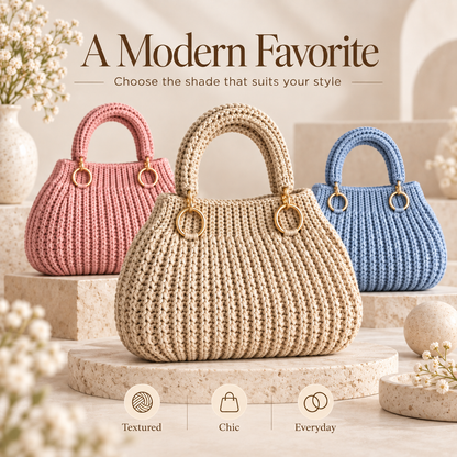Modern Crochet Handbag Pattern PDF | Elegant Women’s Purse with Gold Ring Handles | 3 Colorways | Everyday Bag Digital Download