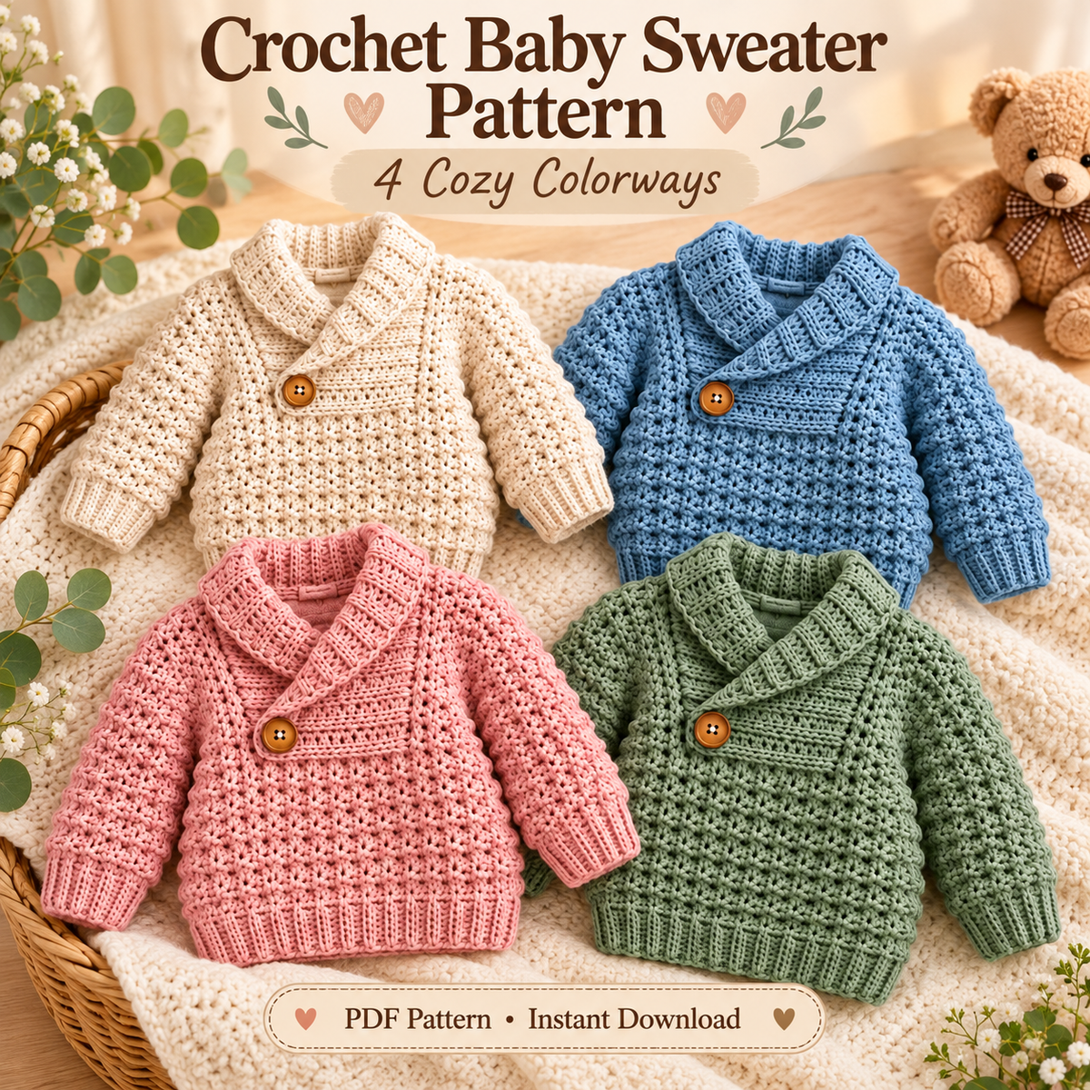 Crochet Baby Sweater Pattern PDF | Cozy Shawl Collar Pullover | Textured Baby & Toddler Sweater | 4 Colorways Digital Download