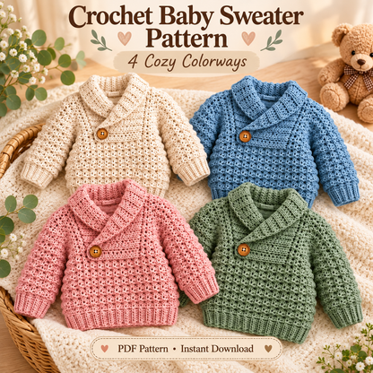 Crochet Baby Sweater Pattern PDF | Cozy Shawl Collar Pullover | Textured Baby & Toddler Sweater | 4 Colorways Digital Download