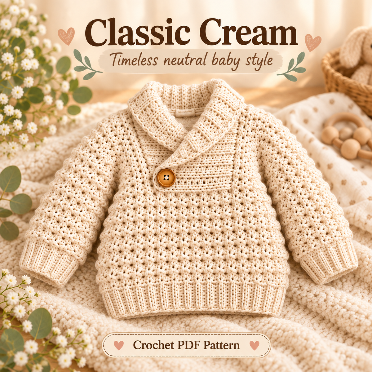 Crochet Baby Sweater Pattern PDF | Cozy Shawl Collar Pullover | Textured Baby & Toddler Sweater | 4 Colorways Digital Download