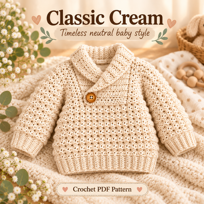 Crochet Baby Sweater Pattern PDF | Cozy Shawl Collar Pullover | Textured Baby & Toddler Sweater | 4 Colorways Digital Download