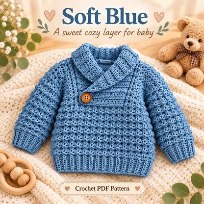 Crochet Baby Sweater Pattern PDF | Cozy Shawl Collar Pullover | Textured Baby & Toddler Sweater | 4 Colorways Digital Download
