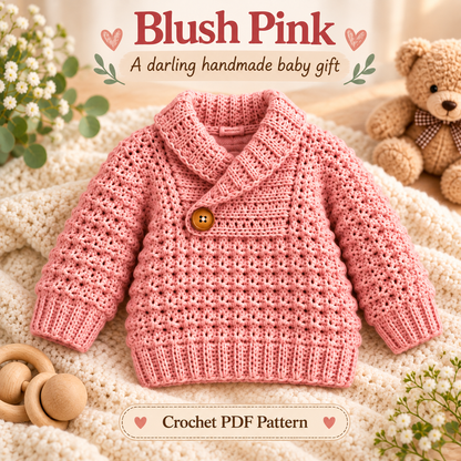 Crochet Baby Sweater Pattern PDF | Cozy Shawl Collar Pullover | Textured Baby & Toddler Sweater | 4 Colorways Digital Download