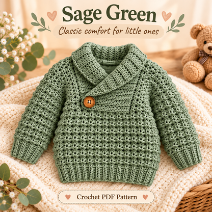 Crochet Baby Sweater Pattern PDF | Cozy Shawl Collar Pullover | Textured Baby & Toddler Sweater | 4 Colorways Digital Download