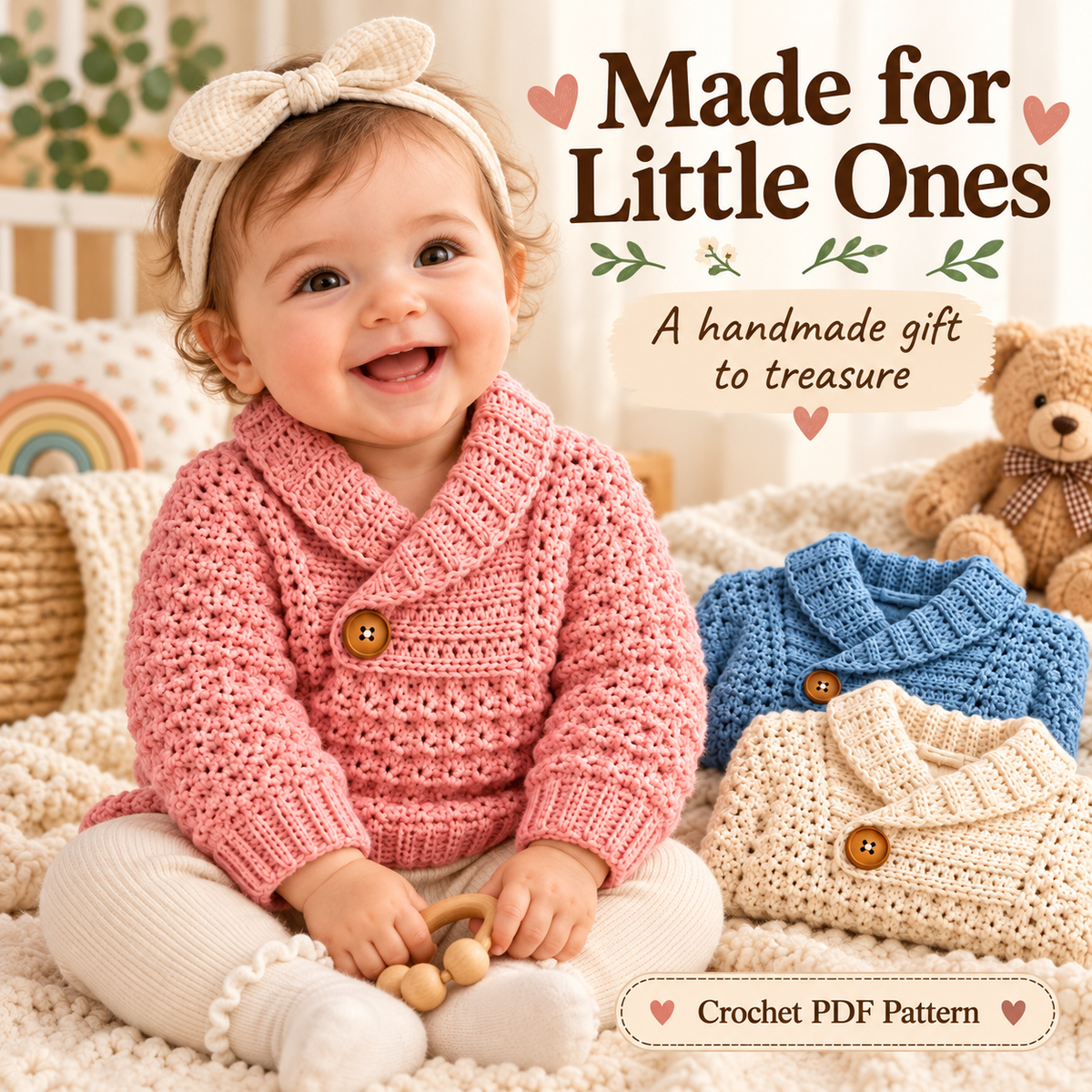 Crochet Baby Sweater Pattern PDF | Cozy Shawl Collar Pullover | Textured Baby & Toddler Sweater | 4 Colorways Digital Download