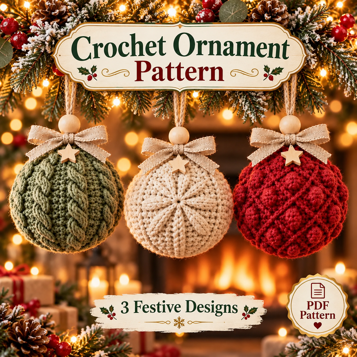 3-in-1 Crochet Christmas Bauble Pattern PDF | Cable & Textured Ornament Bundle | Christmas Tree Decorations