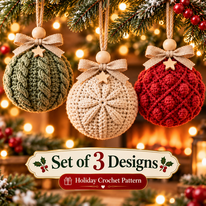 3-in-1 Crochet Christmas Bauble Pattern PDF | Cable & Textured Ornament Bundle | Christmas Tree Decorations