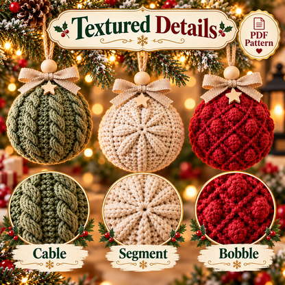 3-in-1 Crochet Christmas Bauble Pattern PDF | Cable & Textured Ornament Bundle | Christmas Tree Decorations