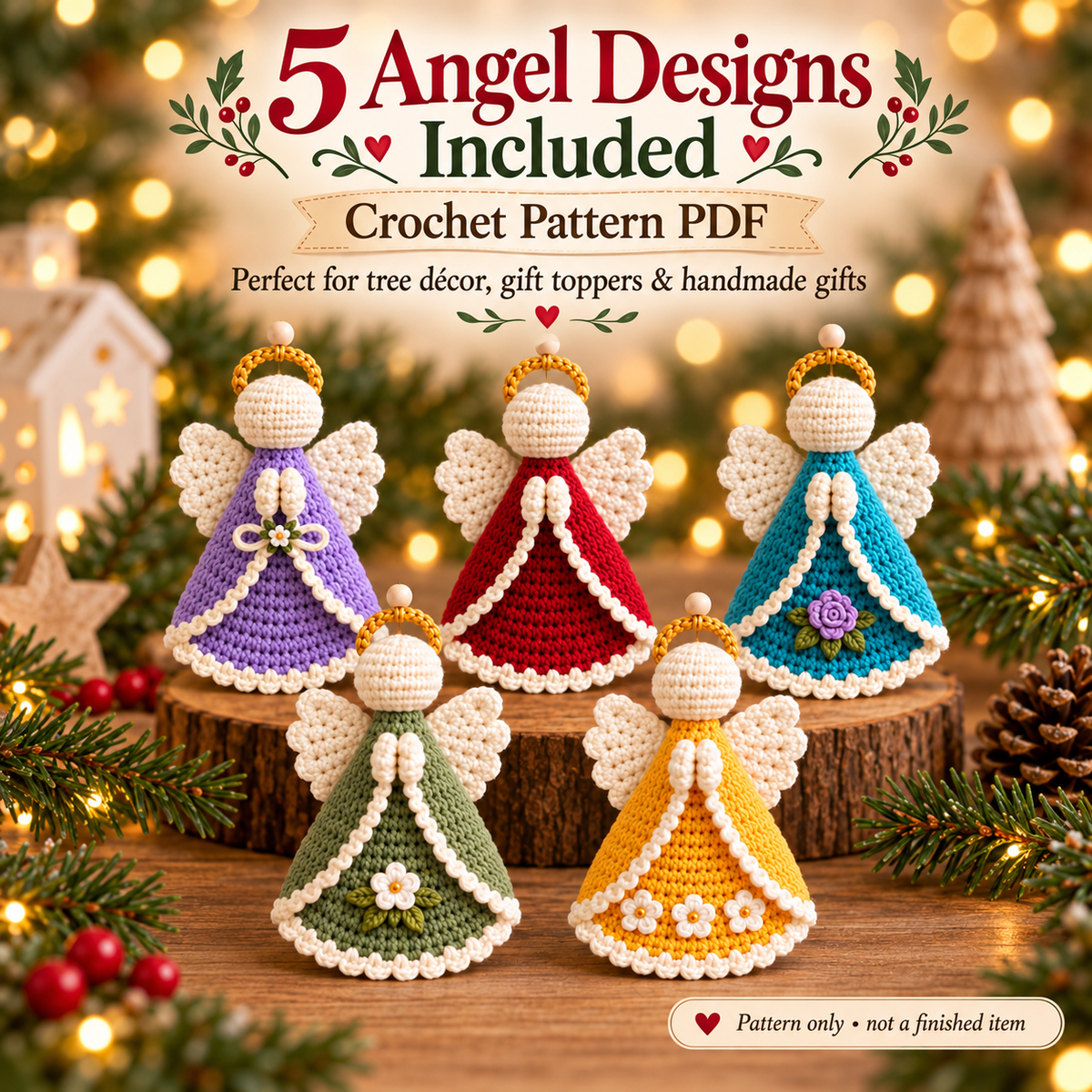 Christmas Angel Ornament Crochet Pattern PDF, 5 Crochet Angel Designs, Holiday Tree Decorations, Handmade Christmas Decor, Digital Download