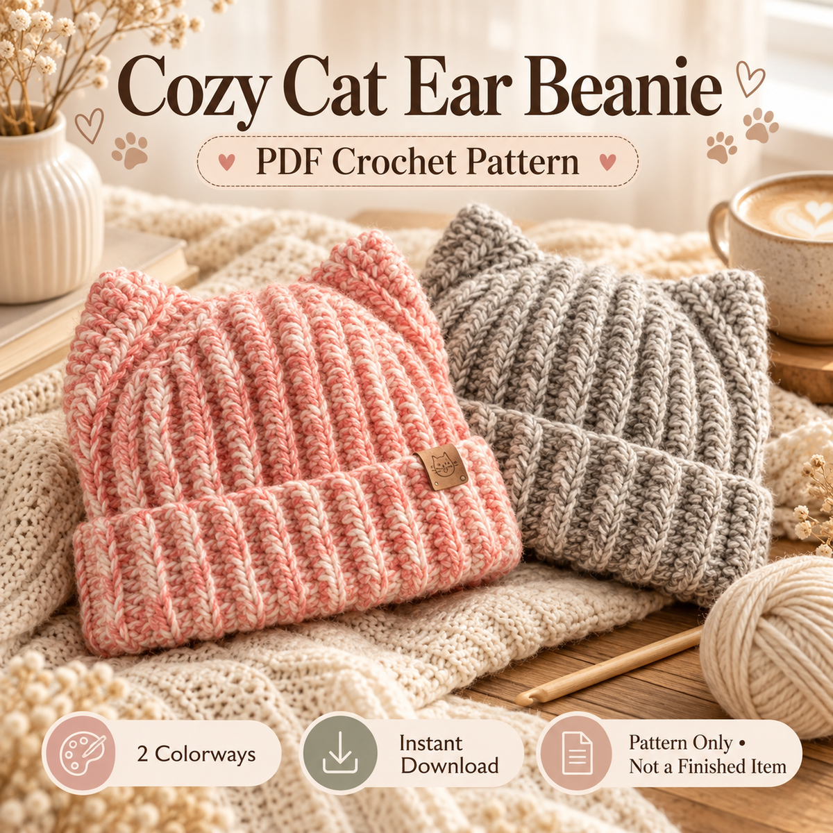 Cat Ear Beanie Crochet Pattern PDF | Ribbed Kitty Hat for Adults | Beginner Friendly Winter Beanie | Instant Digital Download
