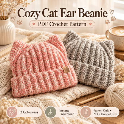 Cat Ear Beanie Crochet Pattern PDF | Ribbed Kitty Hat for Adults | Beginner Friendly Winter Beanie | Instant Digital Download