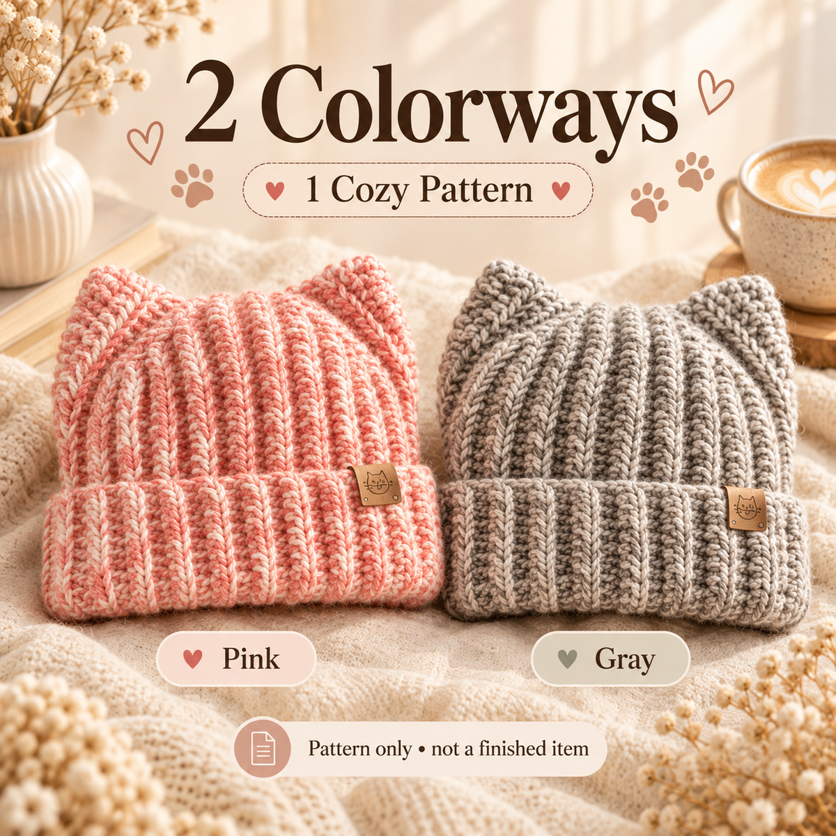 Cat Ear Beanie Crochet Pattern PDF | Ribbed Kitty Hat for Adults | Beginner Friendly Winter Beanie | Instant Digital Download
