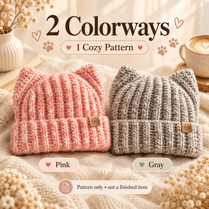 Cat Ear Beanie Crochet Pattern PDF | Ribbed Kitty Hat for Adults | Beginner Friendly Winter Beanie | Instant Digital Download