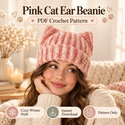 Cat Ear Beanie Crochet Pattern PDF | Ribbed Kitty Hat for Adults | Beginner Friendly Winter Beanie | Instant Digital Download
