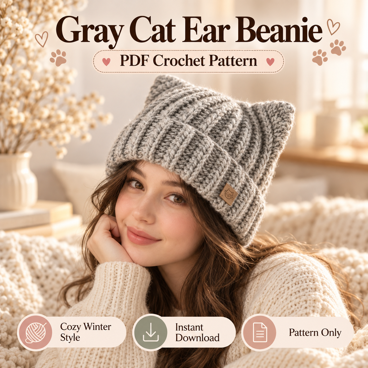 Cat Ear Beanie Crochet Pattern PDF | Ribbed Kitty Hat for Adults | Beginner Friendly Winter Beanie | Instant Digital Download