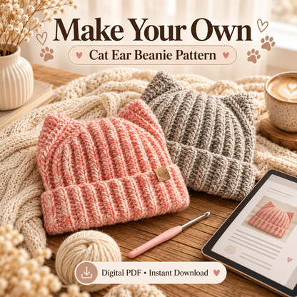 Cat Ear Beanie Crochet Pattern PDF | Ribbed Kitty Hat for Adults | Beginner Friendly Winter Beanie | Instant Digital Download