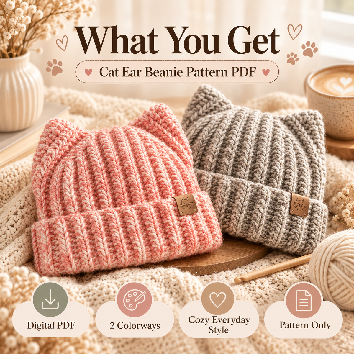 Cat Ear Beanie Crochet Pattern PDF | Ribbed Kitty Hat for Adults | Beginner Friendly Winter Beanie | Instant Digital Download