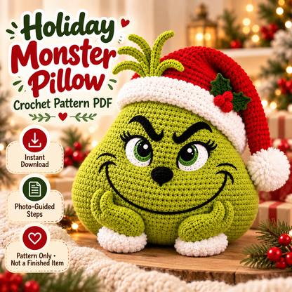 Green Holiday Monster Pillow Crochet Pattern PDF | Christmas Amigurumi Cushion | Festive Home Decor | Instant Digital Download