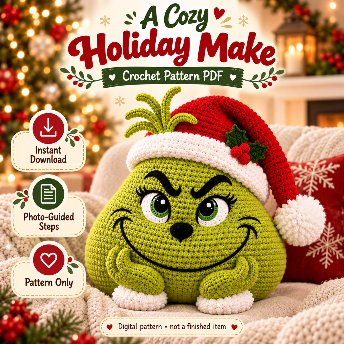 Green Holiday Monster Pillow Crochet Pattern PDF | Christmas Amigurumi Cushion | Festive Home Decor | Instant Digital Download