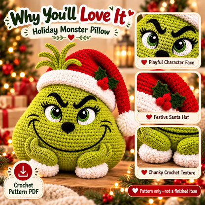 Green Holiday Monster Pillow Crochet Pattern PDF | Christmas Amigurumi Cushion | Festive Home Decor | Instant Digital Download