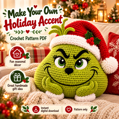 Green Holiday Monster Pillow Crochet Pattern PDF | Christmas Amigurumi Cushion | Festive Home Decor | Instant Digital Download