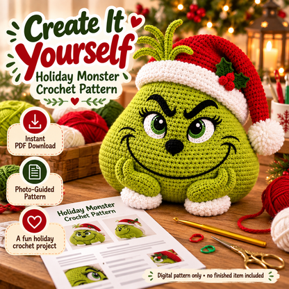 Green Holiday Monster Pillow Crochet Pattern PDF | Christmas Amigurumi Cushion | Festive Home Decor | Instant Digital Download