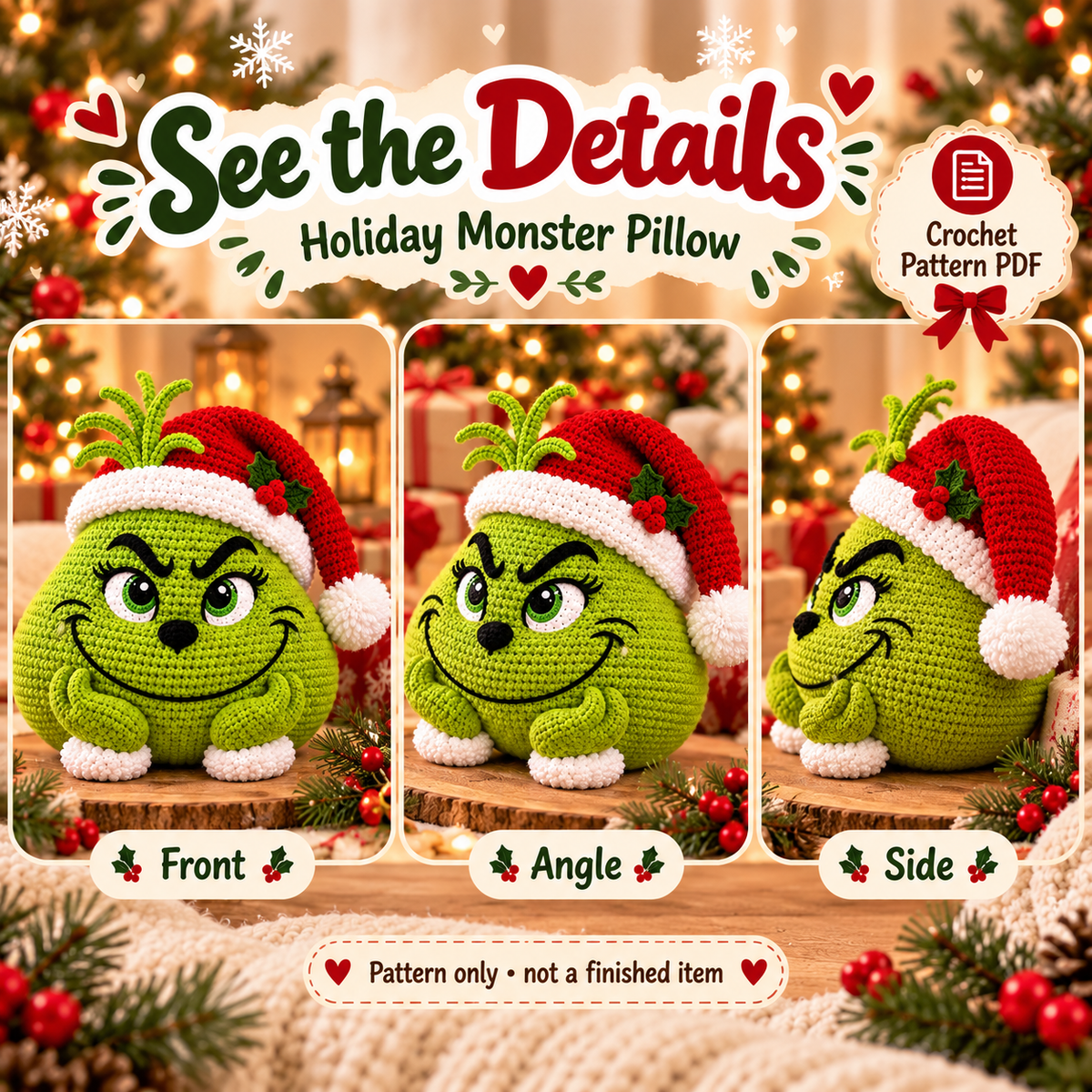 Green Holiday Monster Pillow Crochet Pattern PDF | Christmas Amigurumi Cushion | Festive Home Decor | Instant Digital Download
