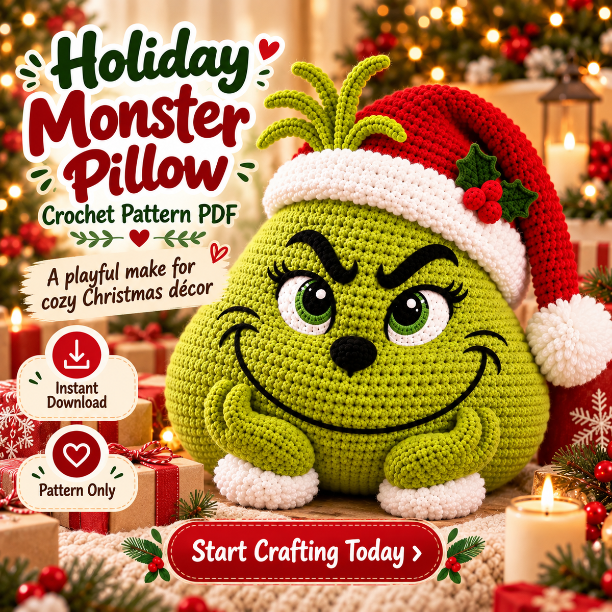 Green Holiday Monster Pillow Crochet Pattern PDF | Christmas Amigurumi Cushion | Festive Home Decor | Instant Digital Download
