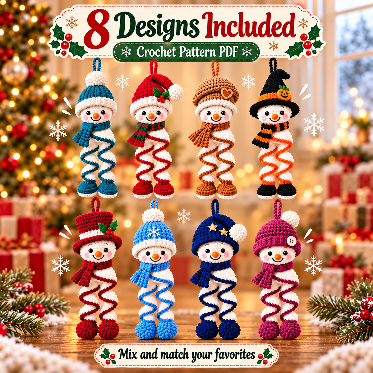 8-in-1 Spiral Snowman Crochet Pattern PDF | Christmas Hanging Ornament Bundle | Holiday Digital Download
