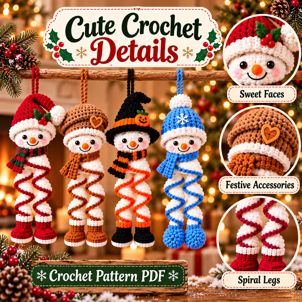 8-in-1 Spiral Snowman Crochet Pattern PDF | Christmas Hanging Ornament Bundle | Holiday Digital Download
