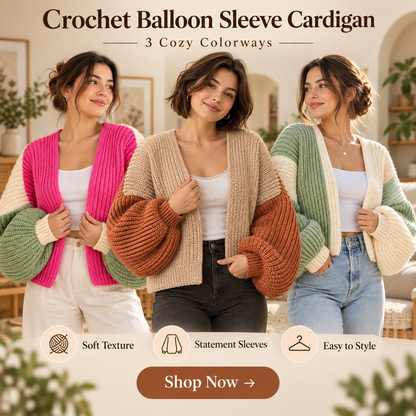 Crochet Balloon Sleeve Cardigan Pattern PDF | Oversized Women’s Cardigan | Cozy Statement Sleeve Sweater | 3 Colorways Digital Download