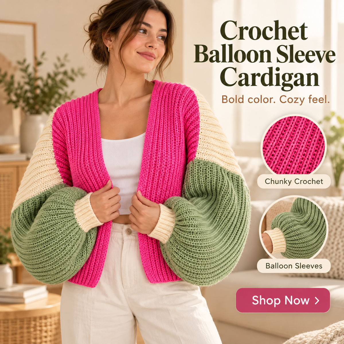 Crochet Balloon Sleeve Cardigan Pattern PDF | Oversized Women’s Cardigan | Cozy Statement Sleeve Sweater | 3 Colorways Digital Download