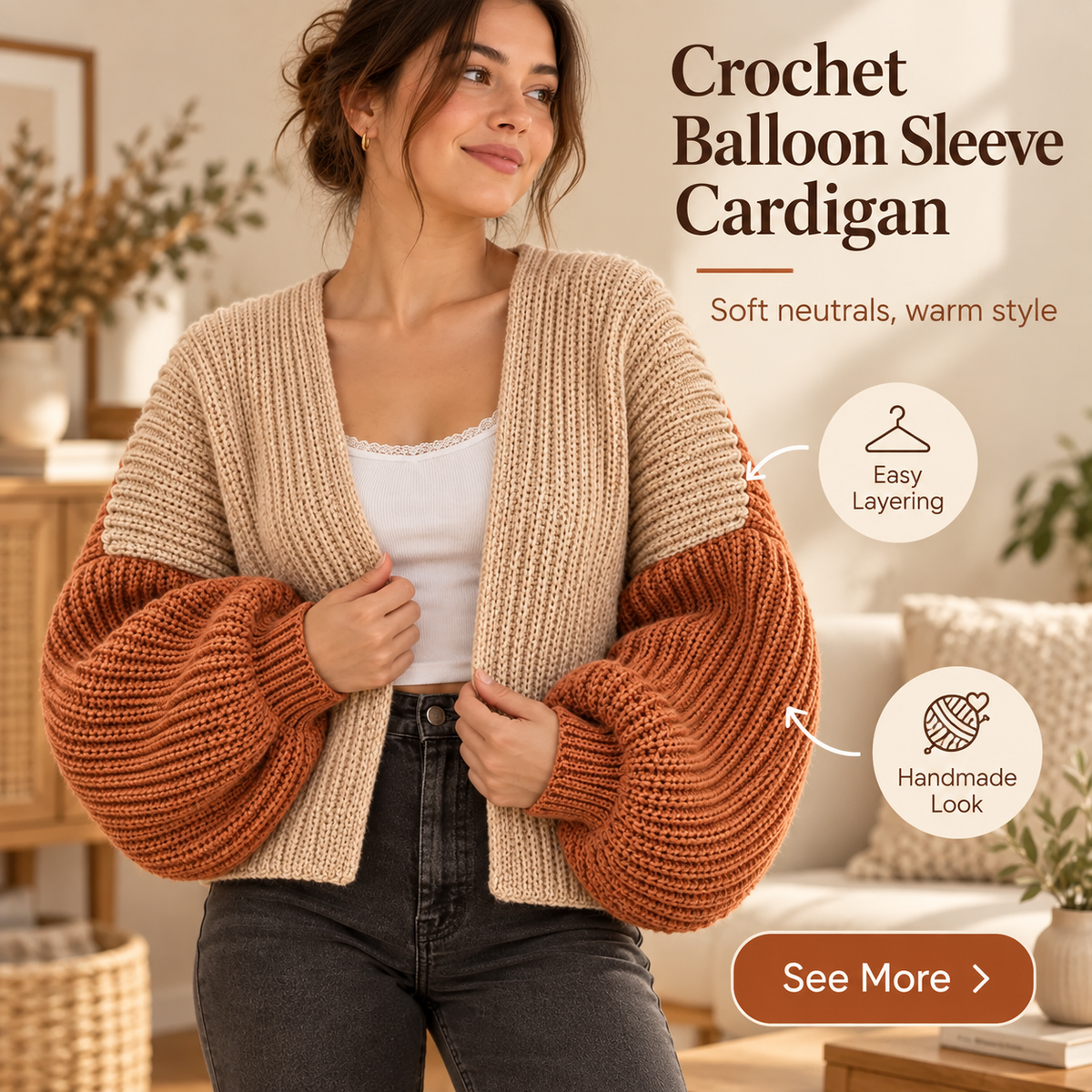Crochet Balloon Sleeve Cardigan Pattern PDF | Oversized Women’s Cardigan | Cozy Statement Sleeve Sweater | 3 Colorways Digital Download