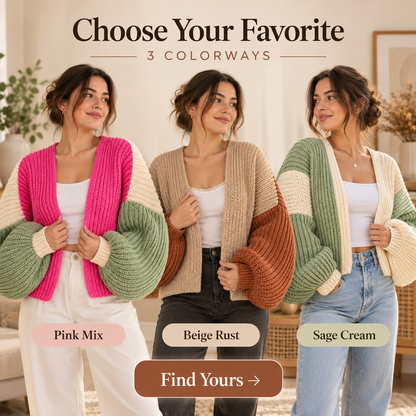 Crochet Balloon Sleeve Cardigan Pattern PDF | Oversized Women’s Cardigan | Cozy Statement Sleeve Sweater | 3 Colorways Digital Download