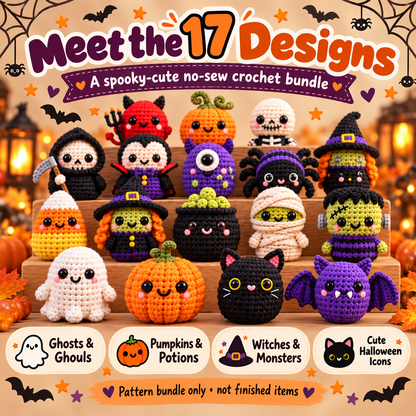 17-in-1 No-Sew Halloween Crochet Pattern Bundle PDF | Ghost, Pumpkin, Witch, Bat & Spooky Amigurumi | Beginner Friendly