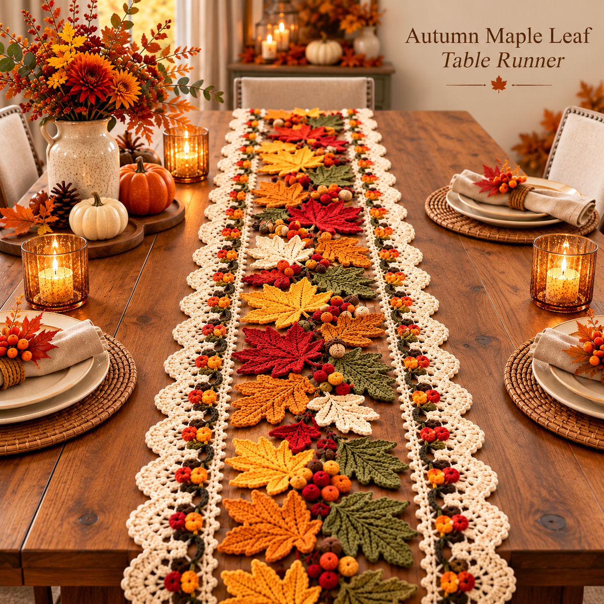 Autumn Maple Leaf Table Runner Crochet Pattern PDF | Fall & Thanksgiving Table Decor | 3D Leaf Motif Centerpiece | Digital Download
