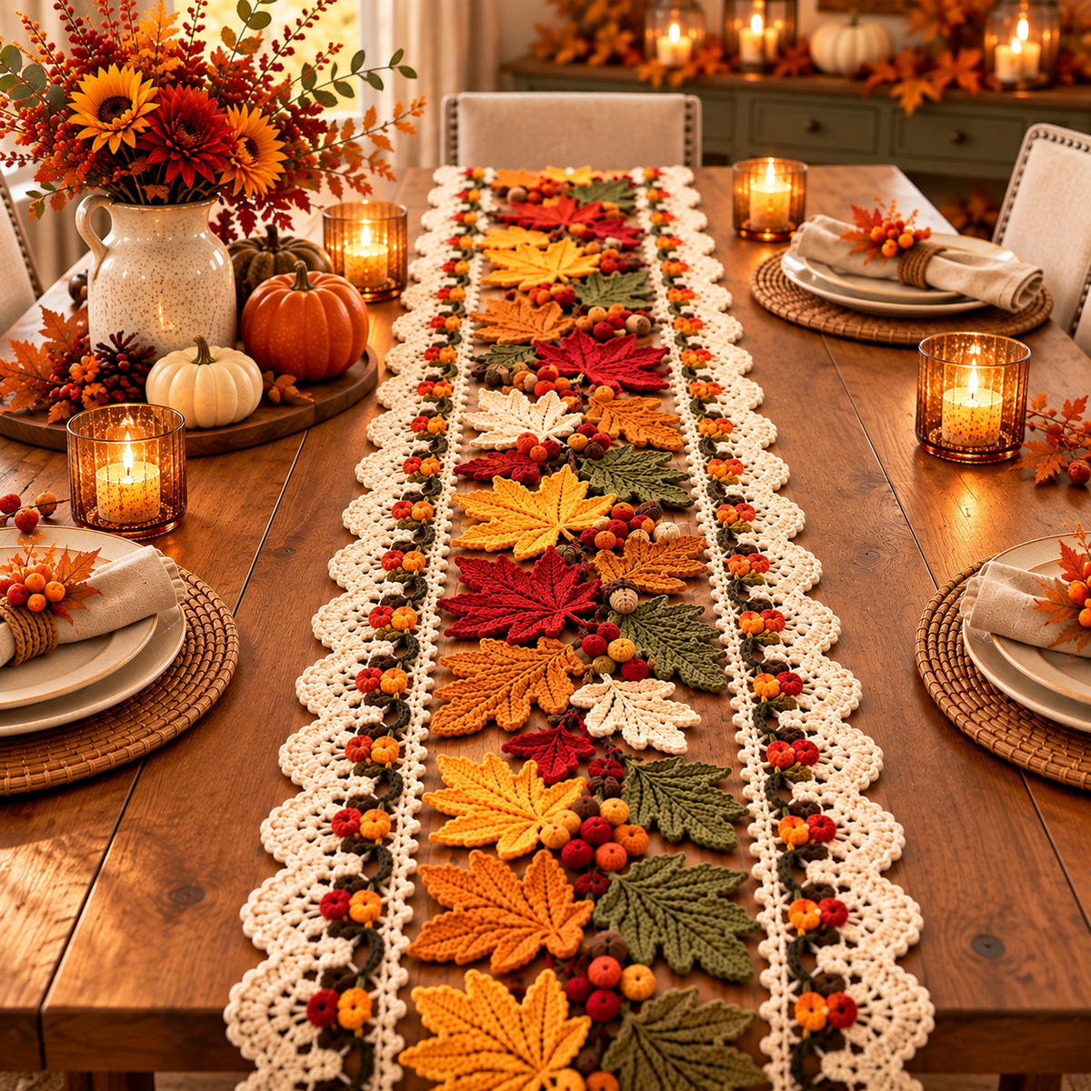 Autumn Maple Leaf Table Runner Crochet Pattern PDF | Fall & Thanksgiving Table Decor | 3D Leaf Motif Centerpiece | Digital Download