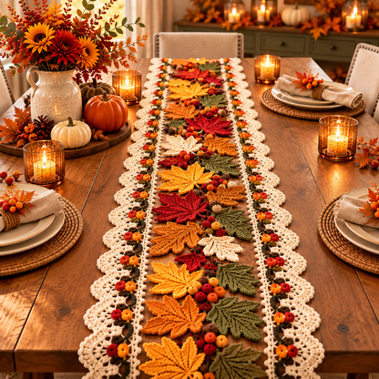 Autumn Maple Leaf Table Runner Crochet Pattern PDF | Fall & Thanksgiving Table Decor | 3D Leaf Motif Centerpiece | Digital Download