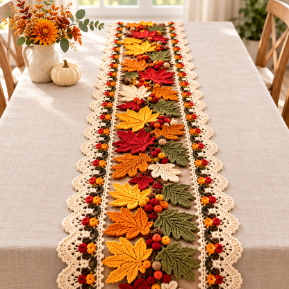 Autumn Maple Leaf Table Runner Crochet Pattern PDF | Fall & Thanksgiving Table Decor | 3D Leaf Motif Centerpiece | Digital Download